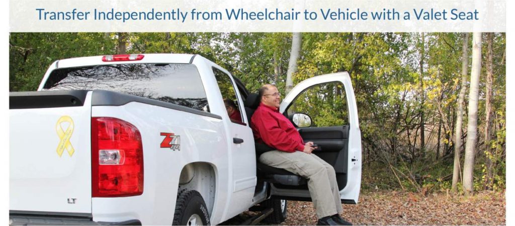 a man getting out of a truck in a valet seat transfer