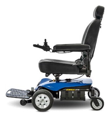 a blue motorized wheelchair