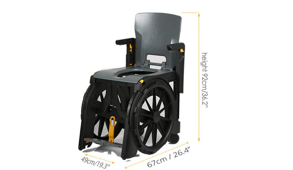The Seatara WheelAble Toilet and Shower Chair with dimensions