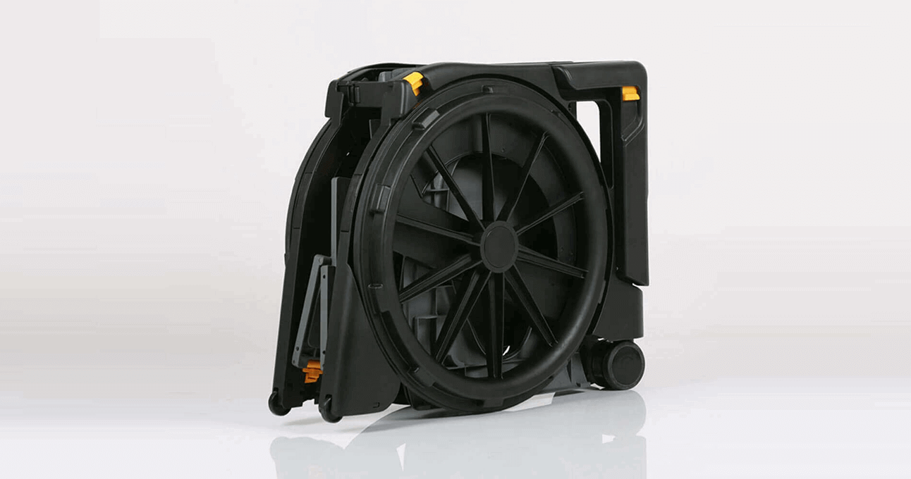 The Seatara WheelAble Toilet and Shower Chair folded up