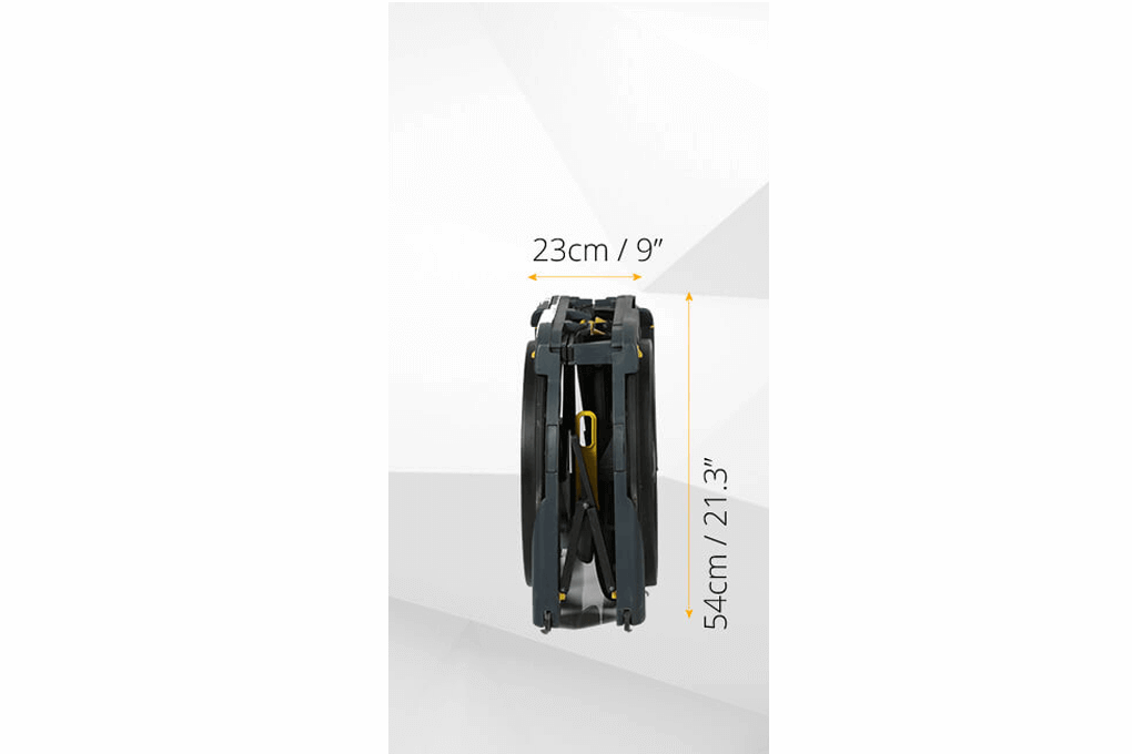 The Seatara WheelAble Toilet and Shower Chair folded up with dimensions