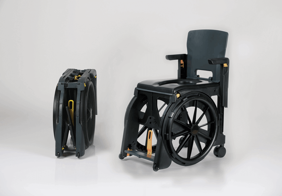 The Seatara WheelAble Toilet and Shower Chair completely folded in and completely set up